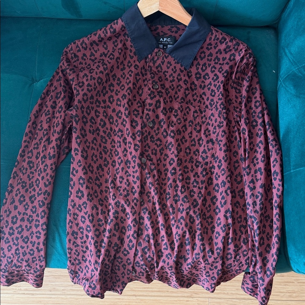 A.P.C. Black and Burgundy Leopard Print Button-Up Shirt